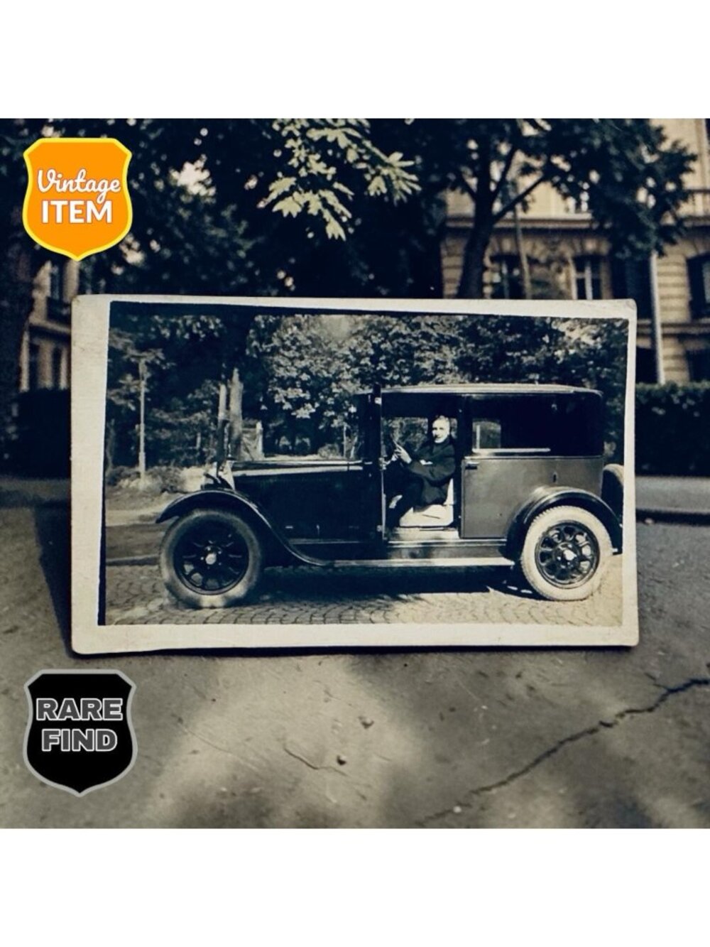 Old Antique Real Photo Postcard of Man Showing Off His New Car!. 5.5 x 3.5